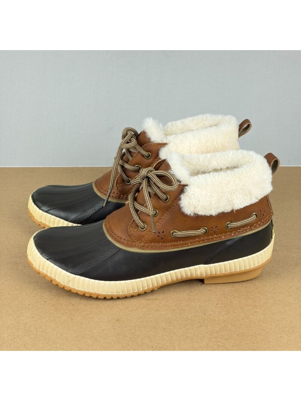 Jambu JSport Mary Faux Fur Lined Duck Boots Womens 8 Black Brown Cream Lace Up